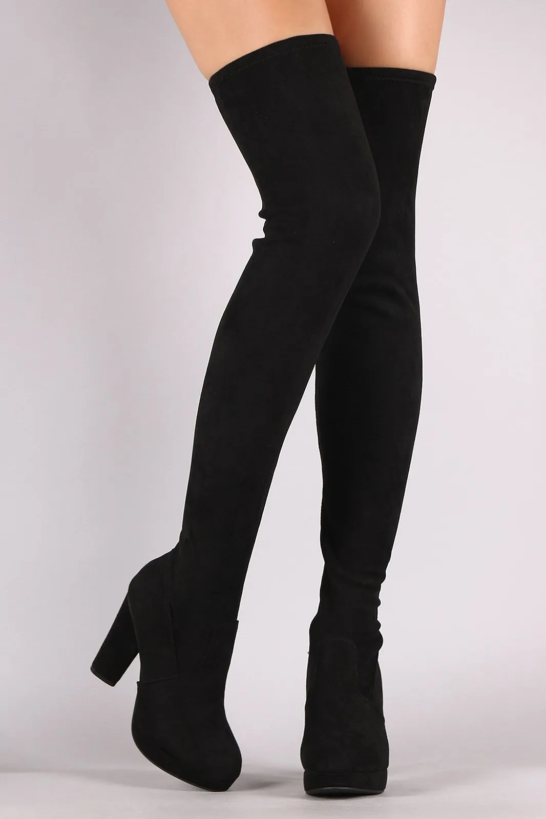 Bamboo Suede Almond Toe Chunky Heeled Over-The-Knee Boots