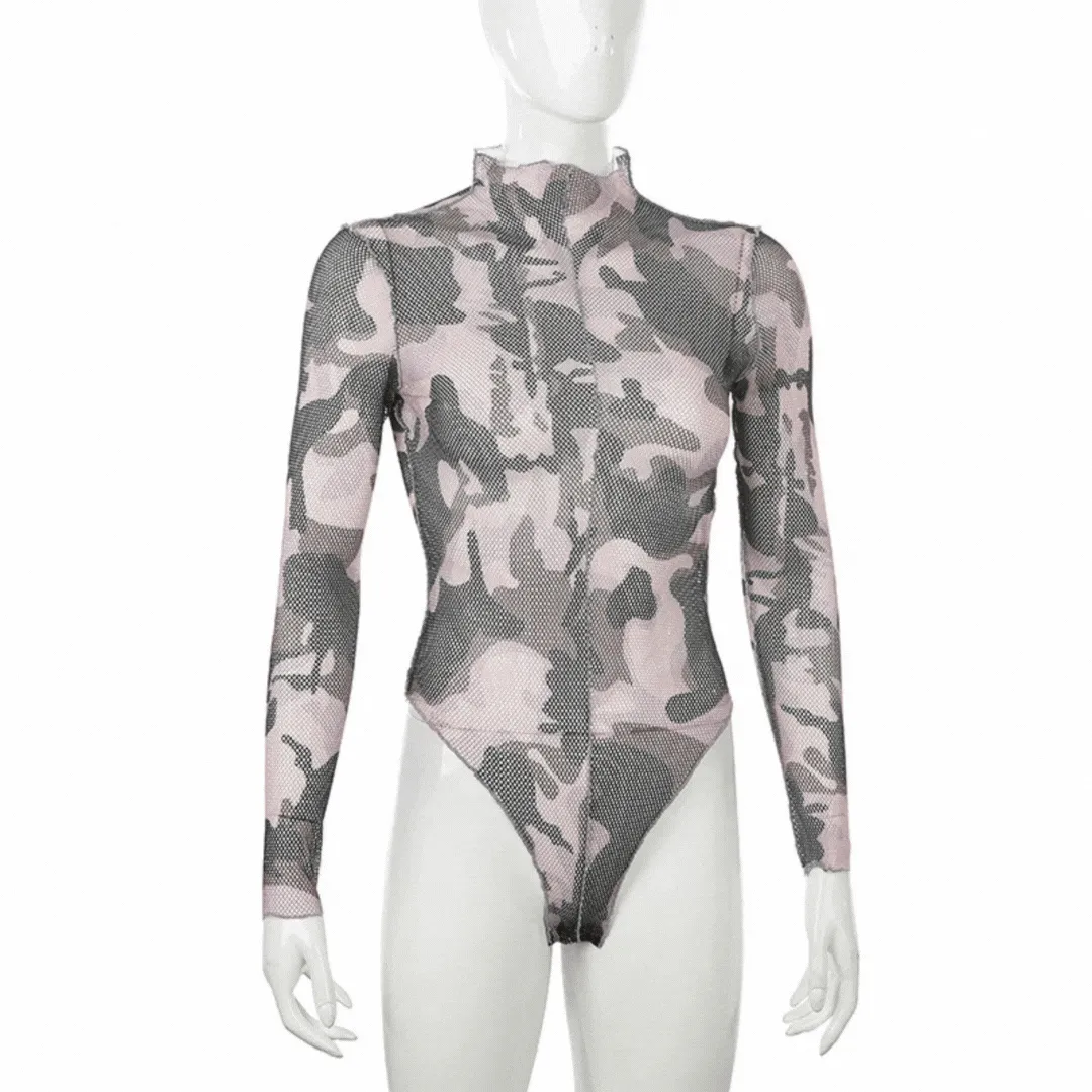 Camouflage Long Sleeve High Neck Contrast Stitch Bodysuit