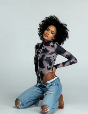 Camouflage Long Sleeve High Neck Contrast Stitch Bodysuit
