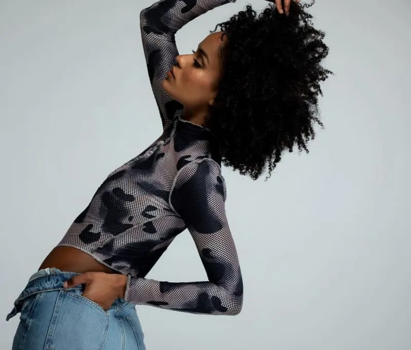 Camouflage Long Sleeve High Neck Contrast Stitch Bodysuit