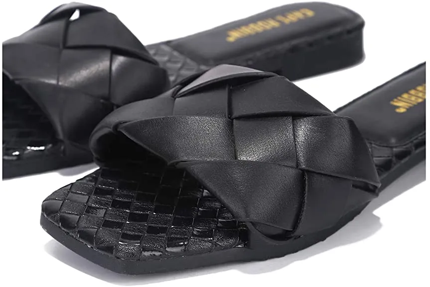 Cape Robbin Deja Woven Mules Slip On Flat Slides Sandals Black (11, Black)