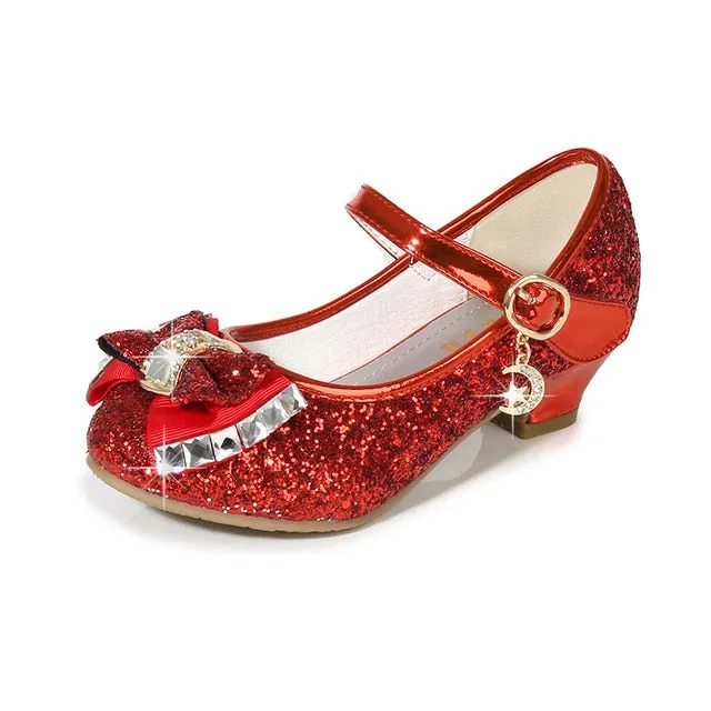 Girls Princess Leather Shoes For Girls Flower Casual Glitter Children High Heel Girls Shoes Butterfly Knot Blue Pink Silver