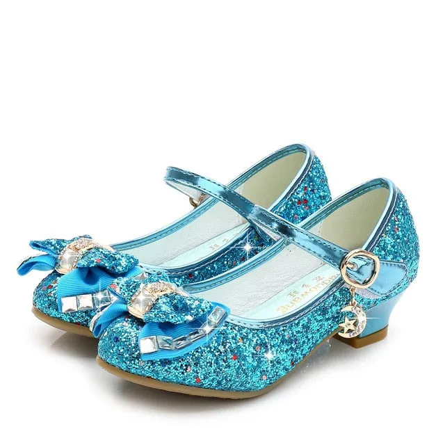Girls Princess Leather Shoes For Girls Flower Casual Glitter Children High Heel Girls Shoes Butterfly Knot Blue Pink Silver