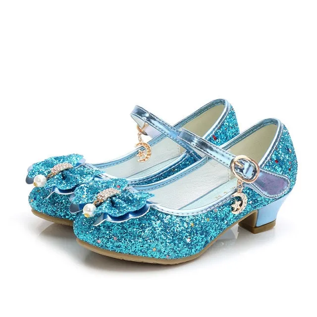 Girls Princess Leather Shoes For Girls Flower Casual Glitter Children High Heel Girls Shoes Butterfly Knot Blue Pink Silver