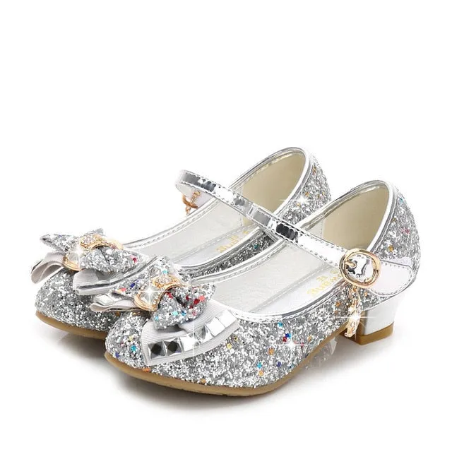 Girls Princess Leather Shoes For Girls Flower Casual Glitter Children High Heel Girls Shoes Butterfly Knot Blue Pink Silver