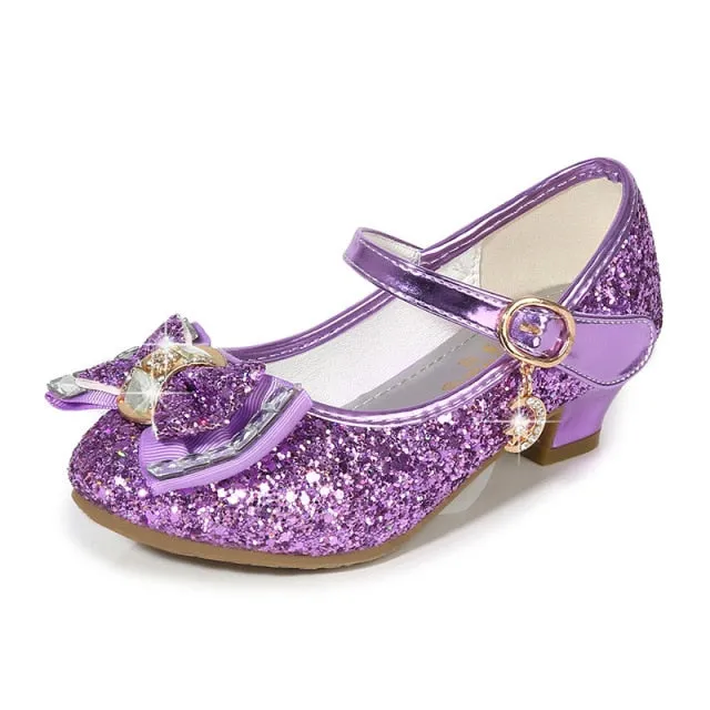 Girls Princess Leather Shoes For Girls Flower Casual Glitter Children High Heel Girls Shoes Butterfly Knot Blue Pink Silver