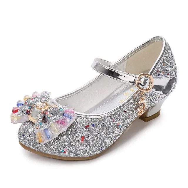 Girls Princess Leather Shoes For Girls Flower Casual Glitter Children High Heel Girls Shoes Butterfly Knot Blue Pink Silver
