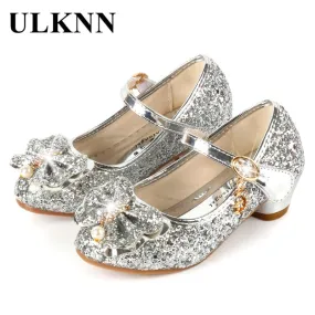 Girls Princess Leather Shoes For Girls Flower Casual Glitter Children High Heel Girls Shoes Butterfly Knot Blue Pink Silver