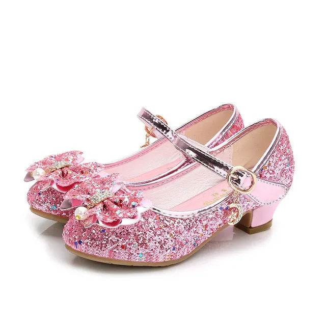 Girls Princess Leather Shoes For Girls Flower Casual Glitter Children High Heel Girls Shoes Butterfly Knot Blue Pink Silver