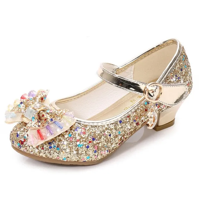 Girls Princess Leather Shoes For Girls Flower Casual Glitter Children High Heel Girls Shoes Butterfly Knot Blue Pink Silver