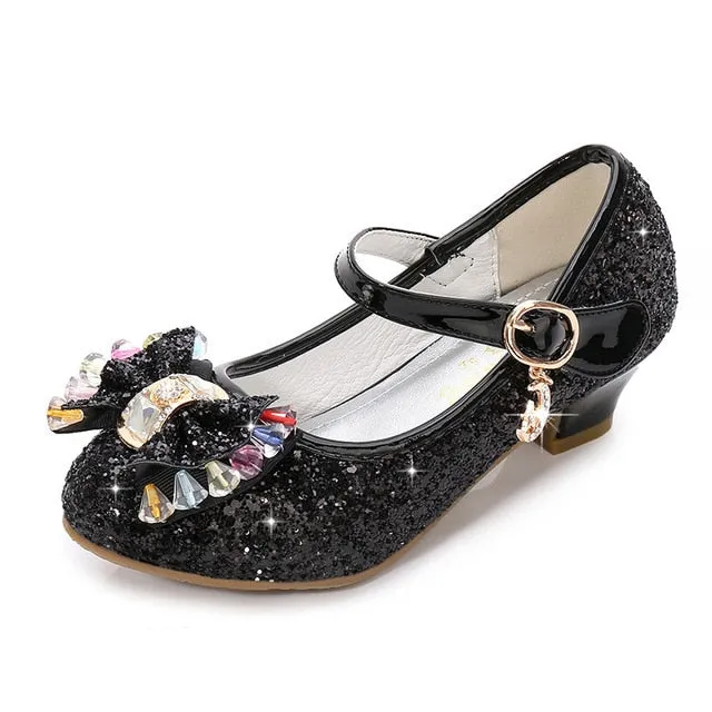 Girls Princess Leather Shoes For Girls Flower Casual Glitter Children High Heel Girls Shoes Butterfly Knot Blue Pink Silver