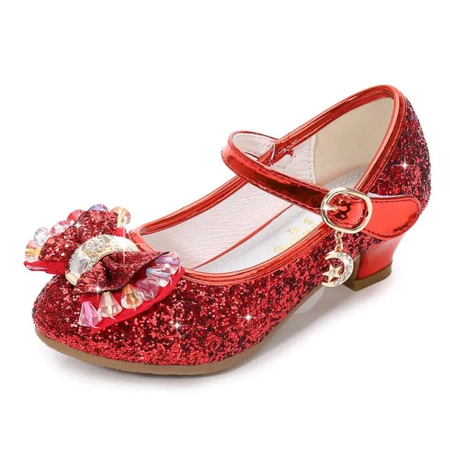 Girls Princess Leather Shoes For Girls Flower Casual Glitter Children High Heel Girls Shoes Butterfly Knot Blue Pink Silver