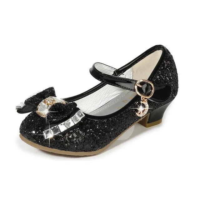 Girls Princess Leather Shoes For Girls Flower Casual Glitter Children High Heel Girls Shoes Butterfly Knot Blue Pink Silver