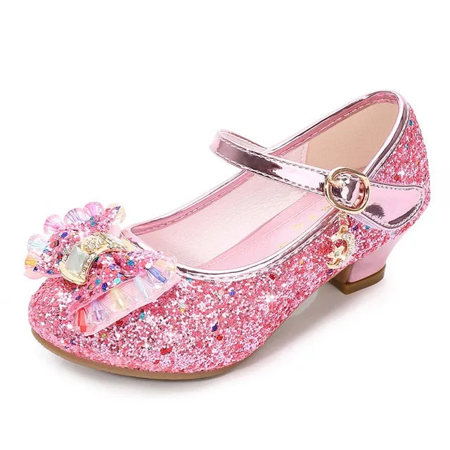 Girls Princess Leather Shoes For Girls Flower Casual Glitter Children High Heel Girls Shoes Butterfly Knot Blue Pink Silver