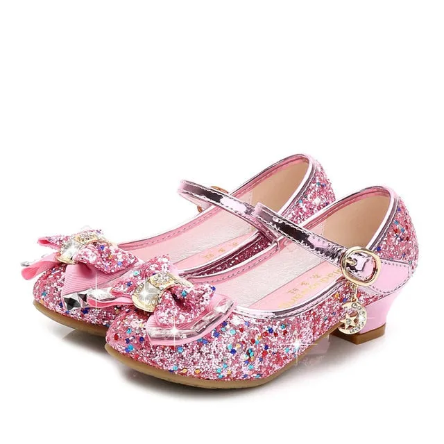 Girls Princess Leather Shoes For Girls Flower Casual Glitter Children High Heel Girls Shoes Butterfly Knot Blue Pink Silver