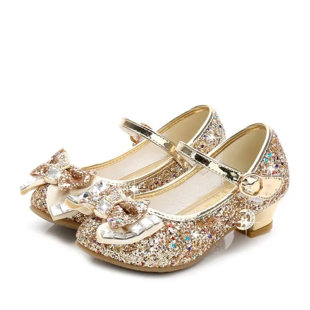 Girls Princess Leather Shoes For Girls Flower Casual Glitter Children High Heel Girls Shoes Butterfly Knot Blue Pink Silver