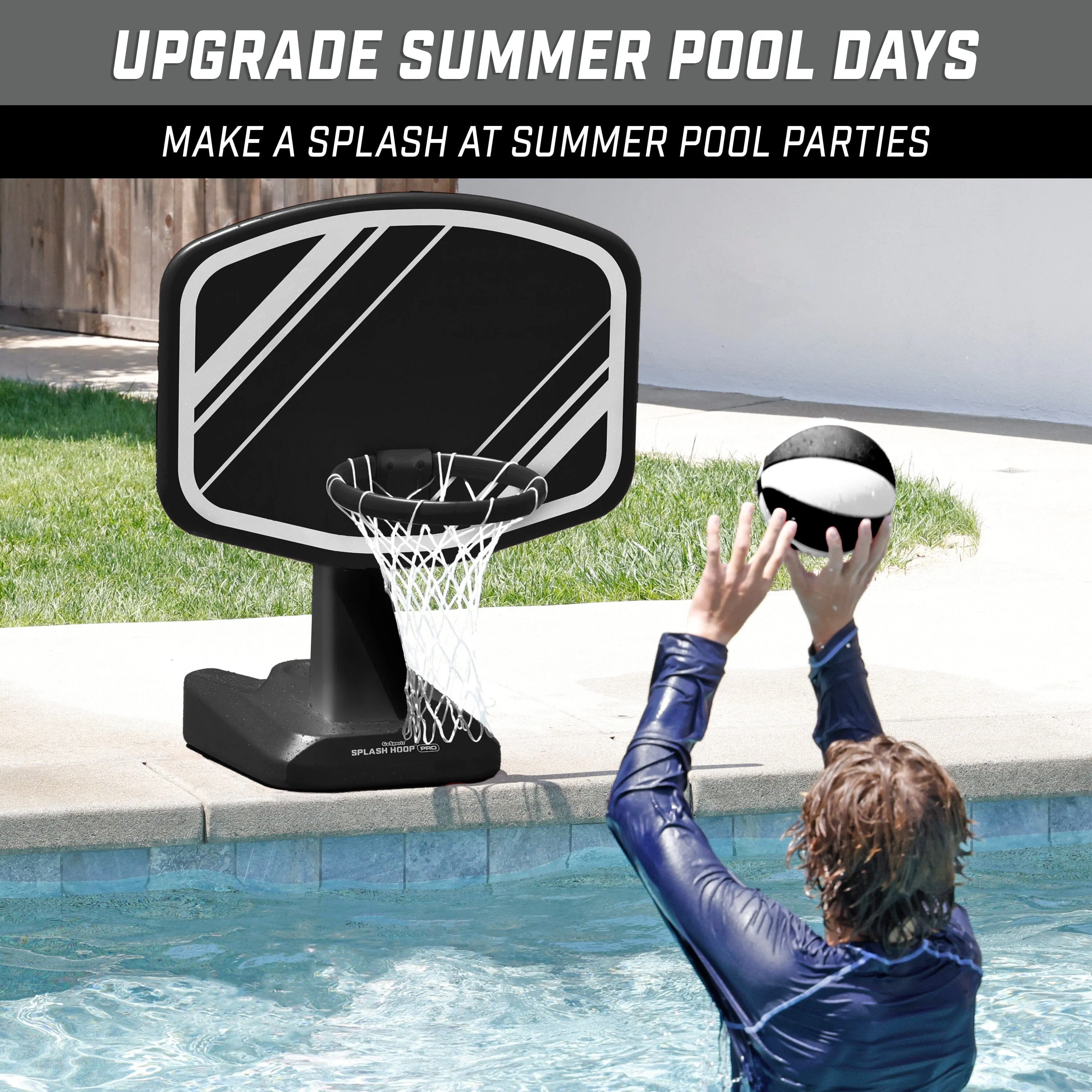 GoSports Splash Hoop PRO Swimming Pool Basketball Game - Includes Poolside Water Basketball Hoop, 2 Balls and Pump - Black