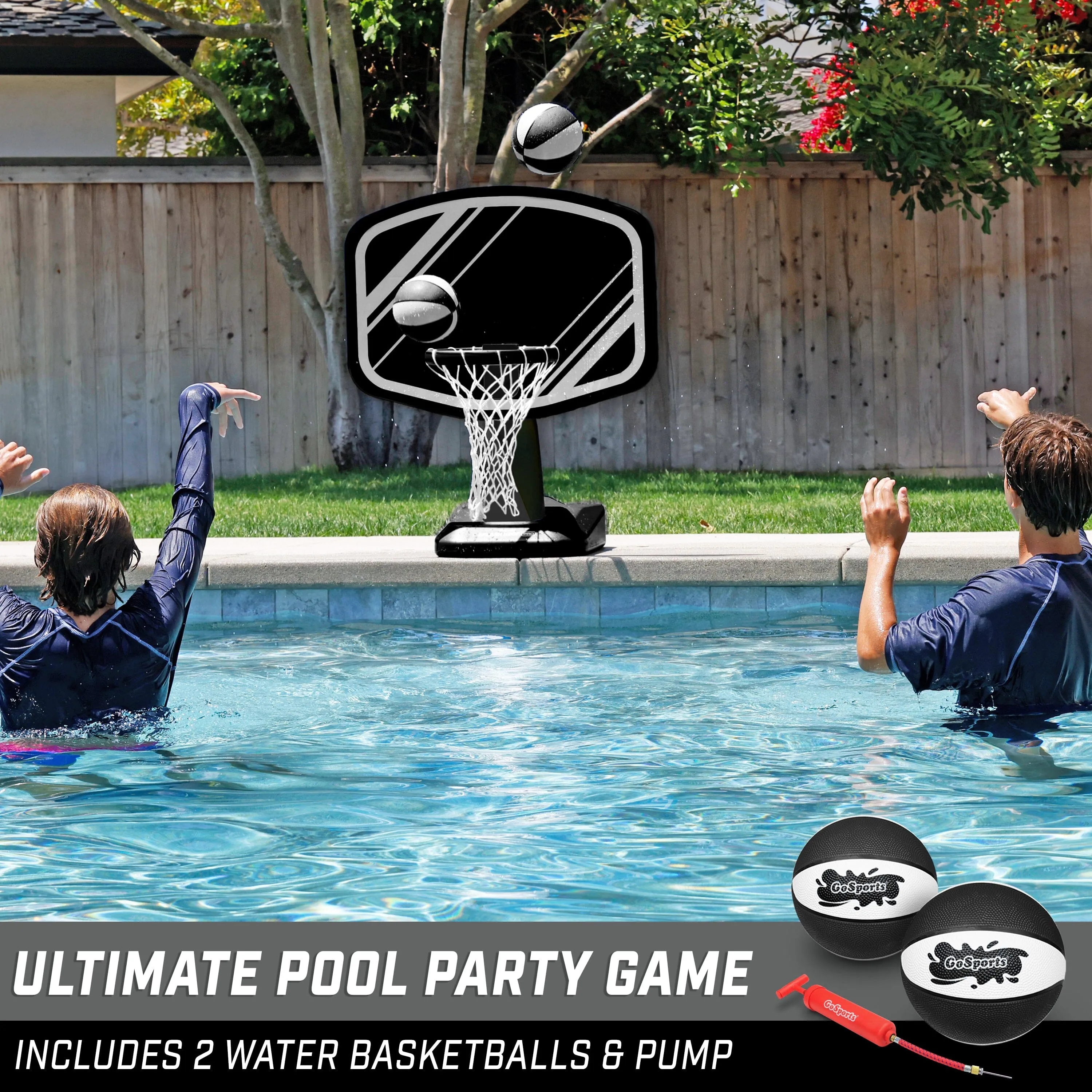 GoSports Splash Hoop PRO Swimming Pool Basketball Game - Includes Poolside Water Basketball Hoop, 2 Balls and Pump - Black