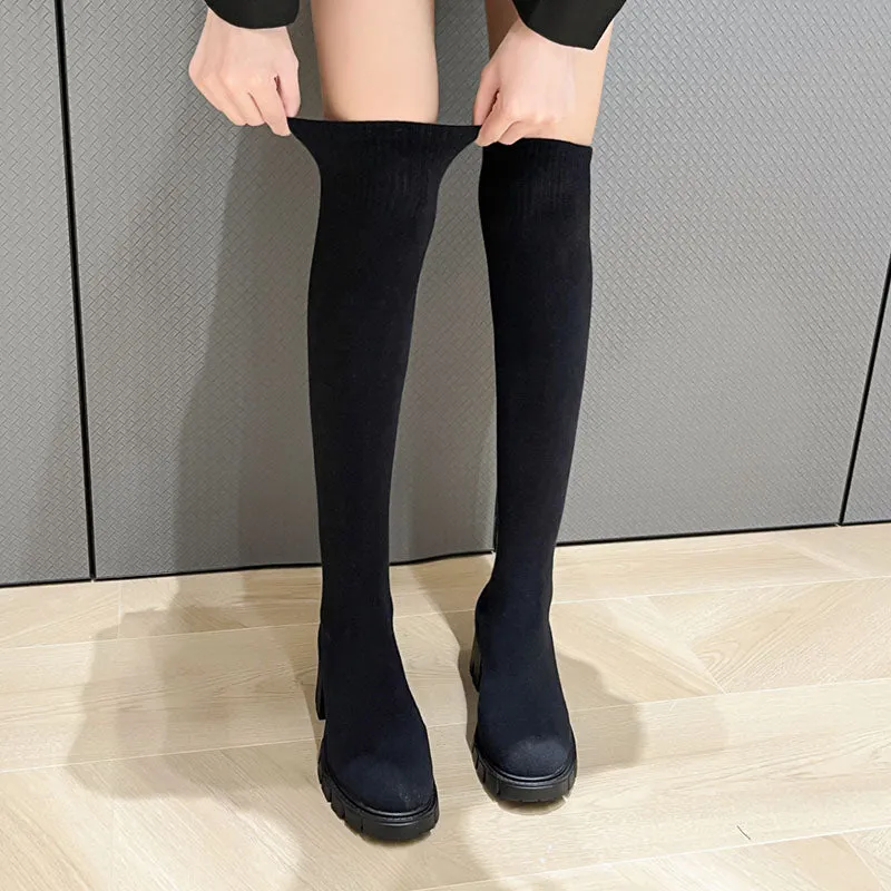 hulianfu Autumn Winter Women's Over The Knee Sock Boots Stretch Knitted Thick Heels Long Boots Woman Slip On Platform Shoes