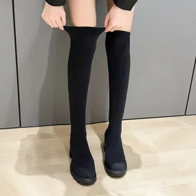 hulianfu Autumn Winter Women's Over The Knee Sock Boots Stretch Knitted Thick Heels Long Boots Woman Slip On Platform Shoes