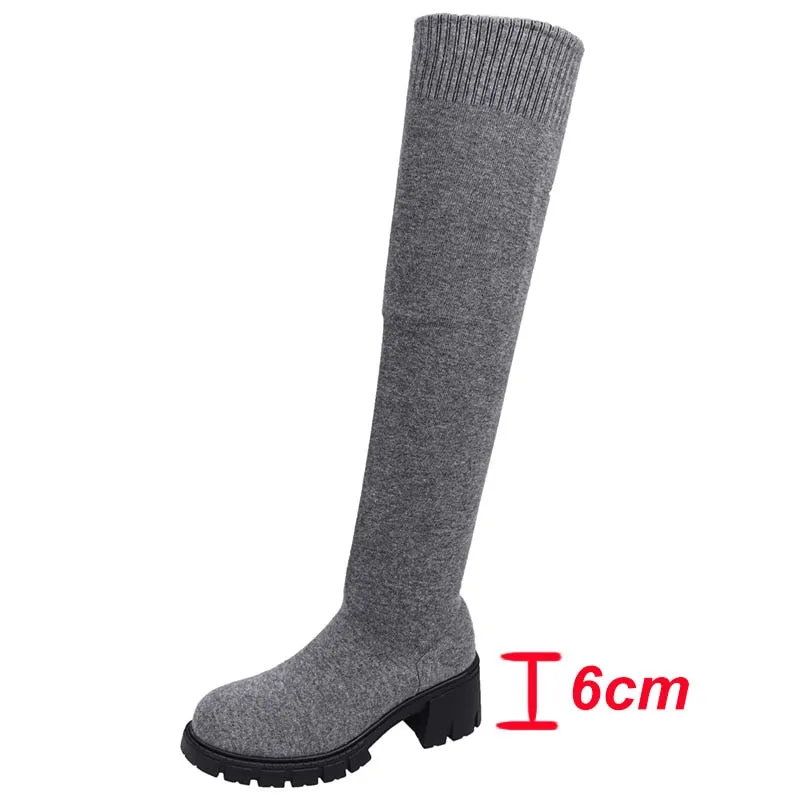 hulianfu Autumn Winter Women's Over The Knee Sock Boots Stretch Knitted Thick Heels Long Boots Woman Slip On Platform Shoes