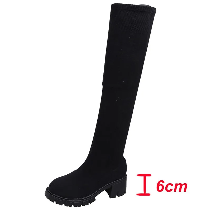 hulianfu Autumn Winter Women's Over The Knee Sock Boots Stretch Knitted Thick Heels Long Boots Woman Slip On Platform Shoes