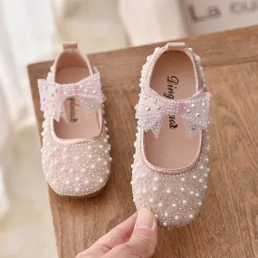 New Girls Single Princess Shoes Pearl Shallow Children Flat Shoes Baby/Kids Bowknot Shoes.