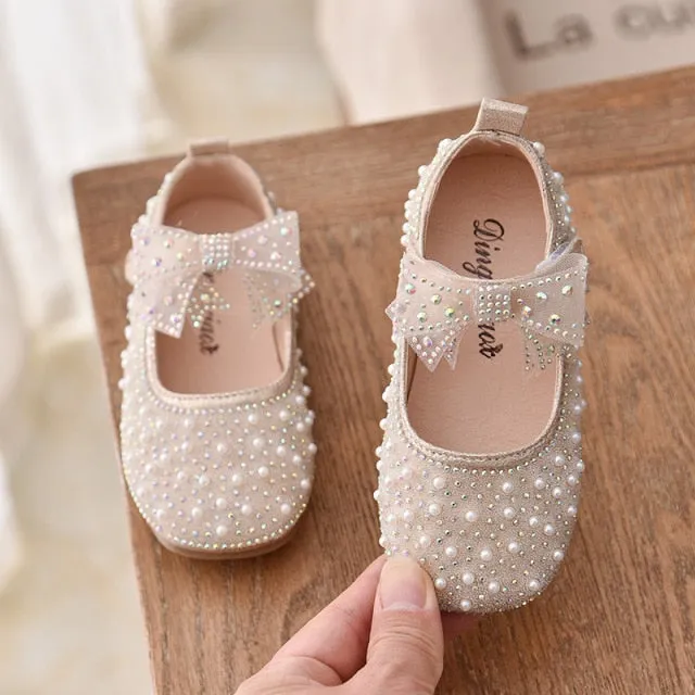 New Girls Single Princess Shoes Pearl Shallow Children Flat Shoes Baby/Kids Bowknot Shoes.