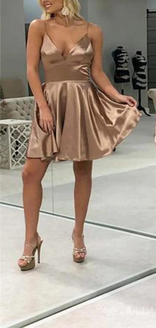 Simple V-neck Spaghetti Strap A-line Short Homecoming Dress, HD32737