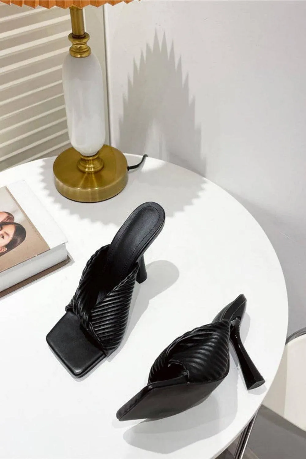 Textured Twist Strap Black Heeled Mules Sandals