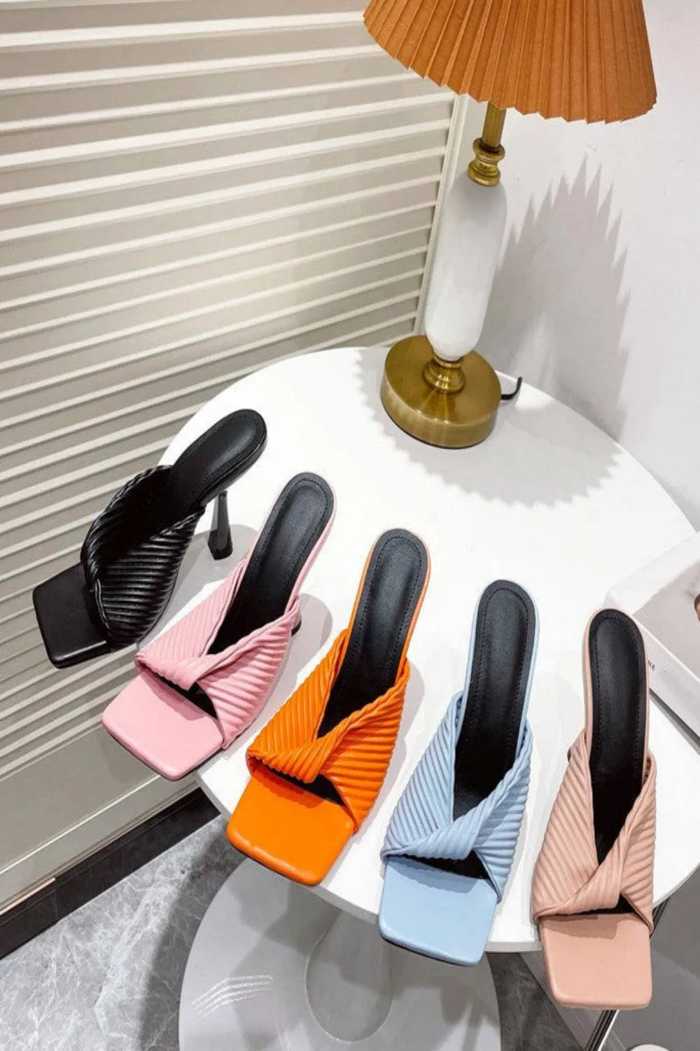 Textured Twist Strap Black Heeled Mules Sandals